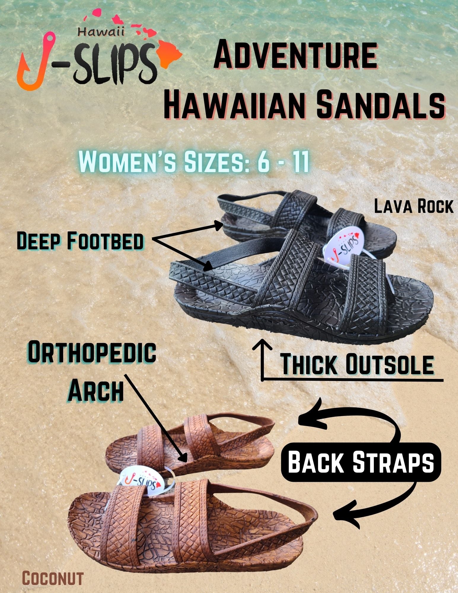 J-Slips Womens Hawaiian Adventure Hiking Sandals with Back Strap & Arch Support Main image