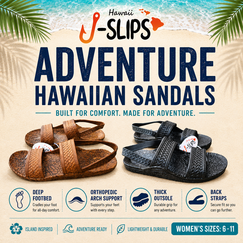 J-Slips Womens Hawaiian Adventure Hiking Sandals with Back Strap & Arch Support